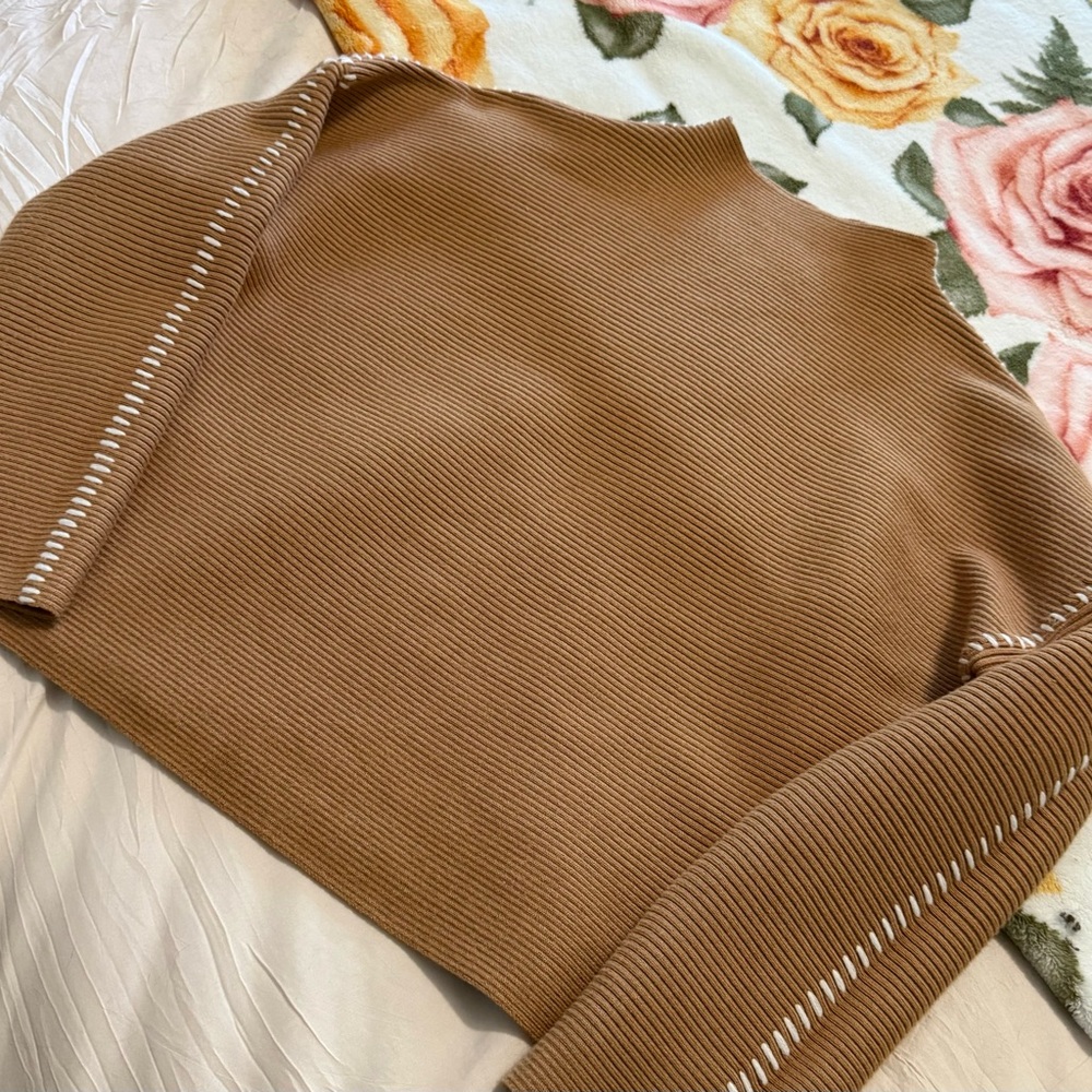Ellison Camel Ribbed Turtleneck Sweater with White Contrast Stitch